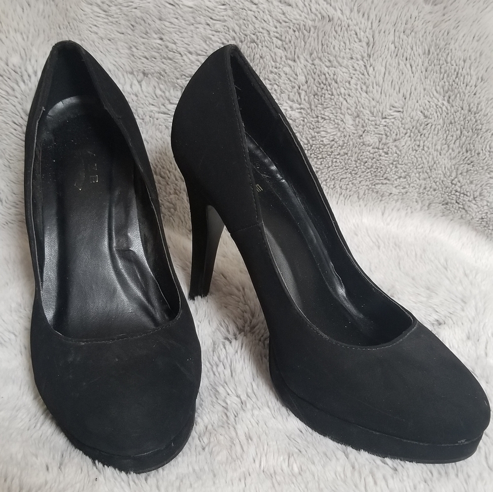 black faux suede heel